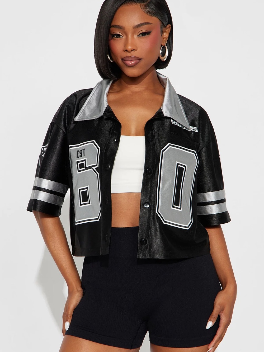 New NFL RAIDERS Black & Silver Cropped Football Jacket size 2x women’s